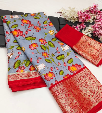 Kalamkari digital print Viscose Saree with weaving zari and gold viscose border.