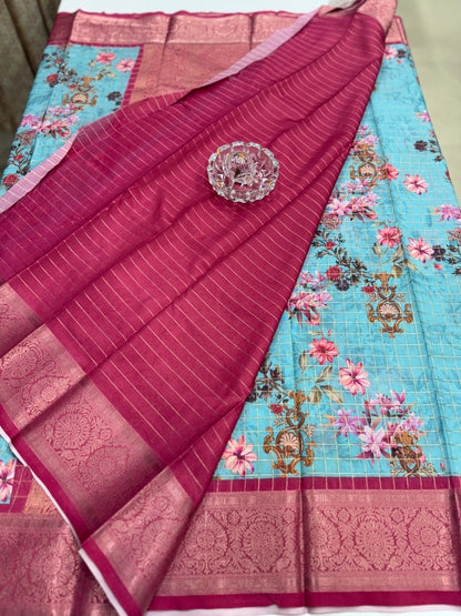 Printed handloom georgette saree for women with woven border and floral design