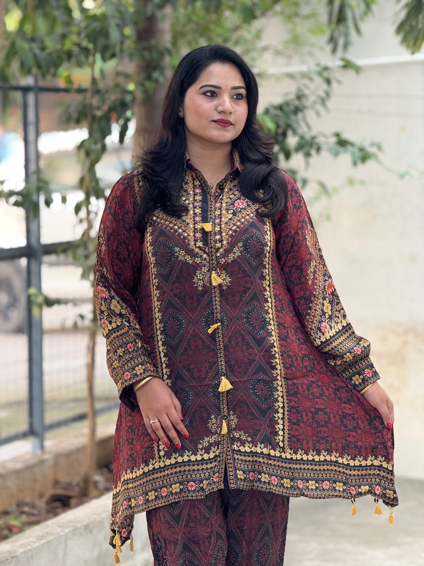 Premium Crepe Ajrakh Print Style Cord Set with Tassel Detailing for Women – Sizes 38 to 44