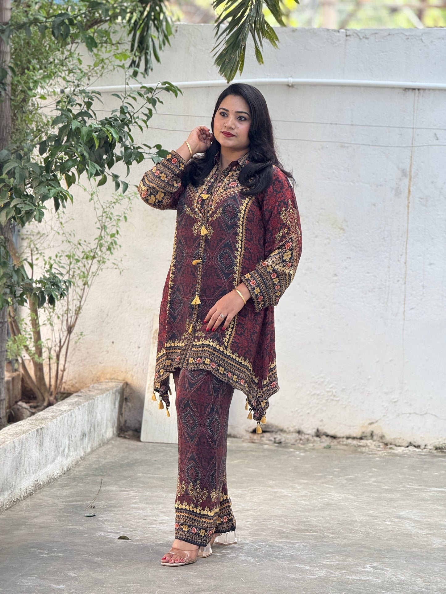 Premium Crepe Ajrakh Print Style Cord Set with Tassel Detailing for Women – Sizes 38 to 44