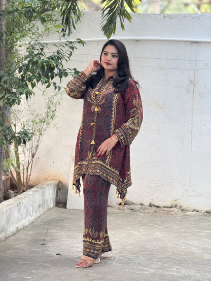 Premium Crepe Ajrakh Print Style Cord Set with Tassel Detailing for Women – Sizes 38 to 44