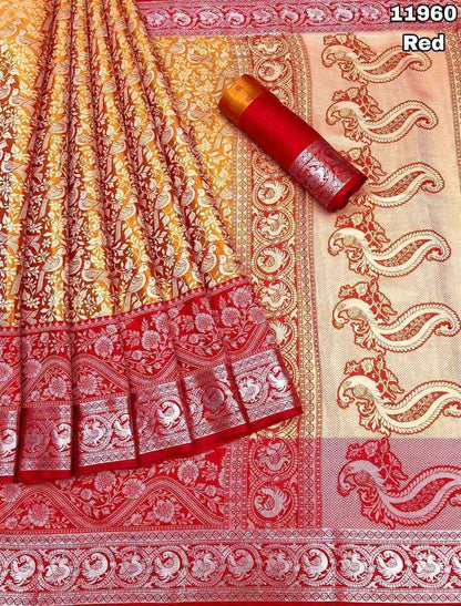 Kanjivaram Pattu Silk Saree with Pure Silver Zari Weaving, Contrast Border and Blouse for Women