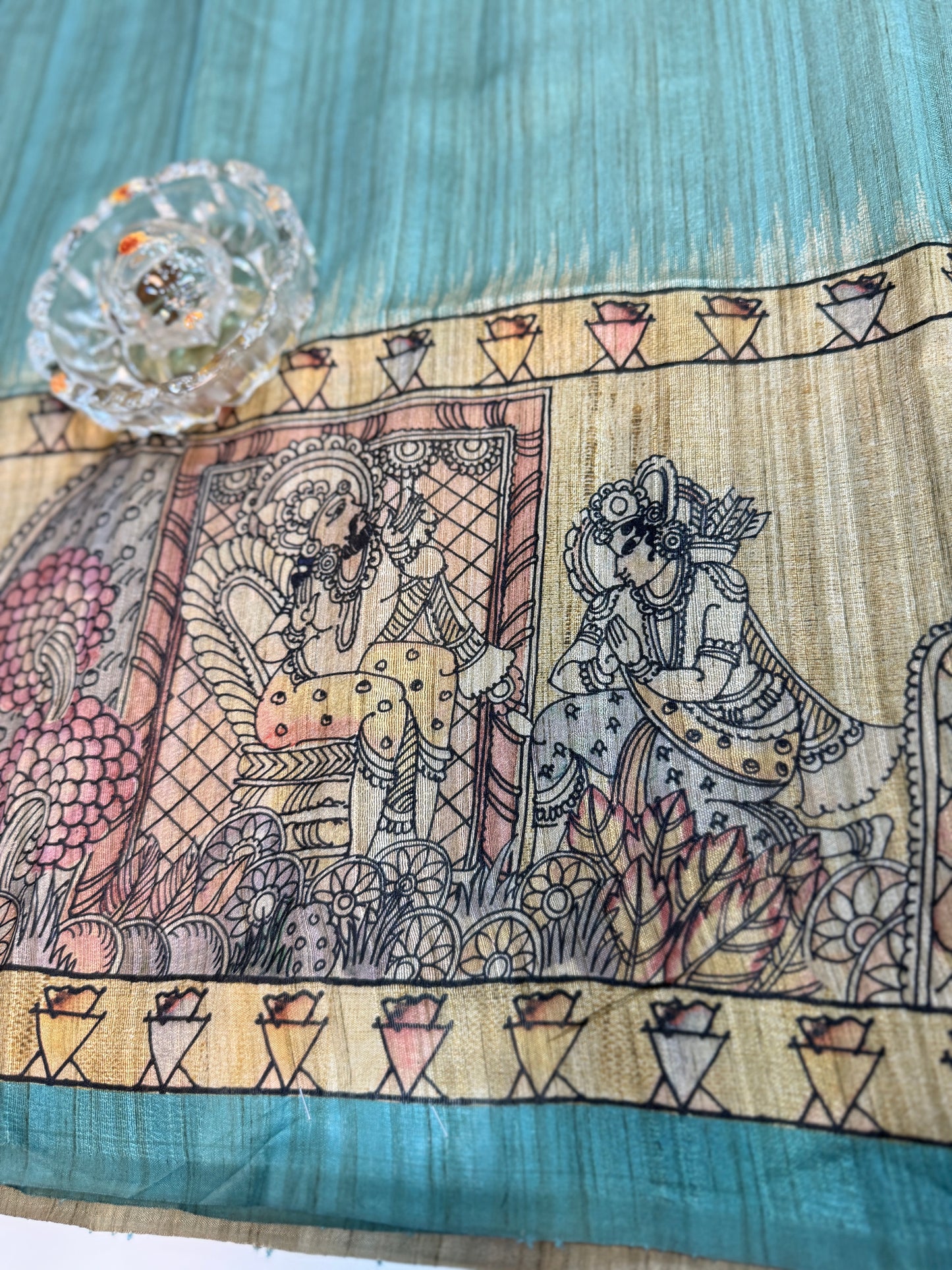 Spider Silk Saree with Folk Art Print Border and Tassel Pallu