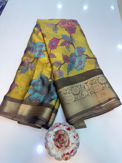 Silk blend printed saree with zari border and digital pallu print, 6.3m with running blouse, 6 color options