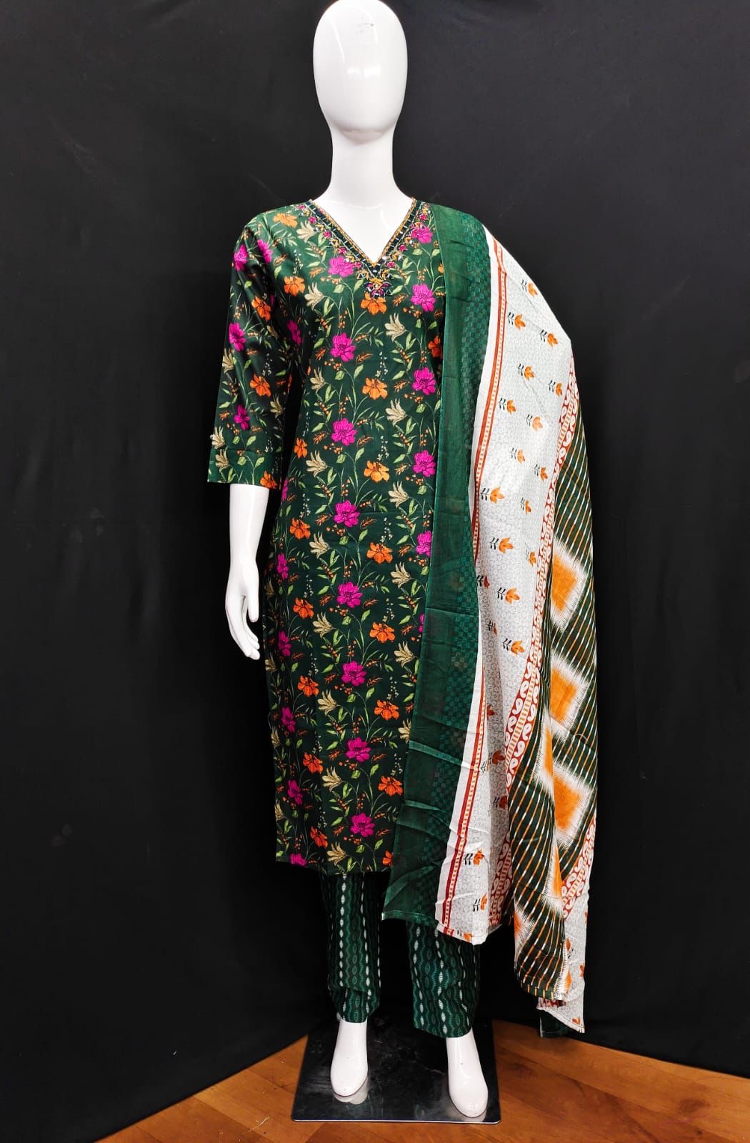Cotton Kurti Pant Dupatta Set with Handwork and Mirror Detailing for Women