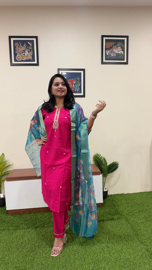 Vertican Silk Straight Cut Kurta Pant Dupatta Set with Organza Digital Print Dupatta – Sizes XL to 3XL