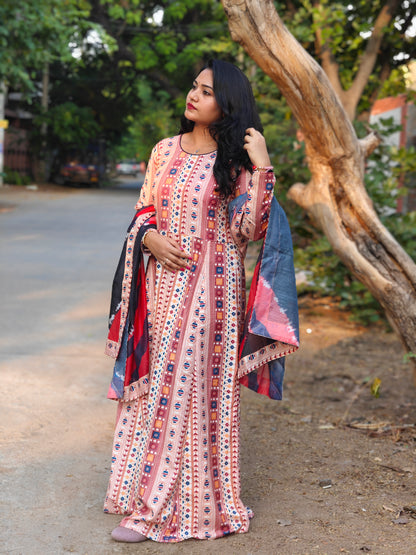Poly Rayon Printed Gown with Gota Lace, Doori & Tassel – Chanderi Multicolour Dupatta – Sizes L to XXL