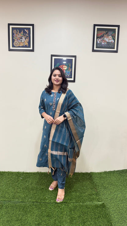 Cotton Handloom Straight Cut Kurta Pant Dupatta Set with Embroidery – Plus Sizes XL to 3XL