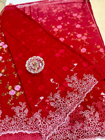 Kora Banarasi Saree with Floral Embroidery and Woven Border – Lightweight Festive Wear