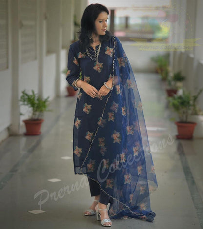 Digital Chanderi Kurti Pant Dupatta Set with Cotton Lining and Organza Dupatta – Sizes 36 to 44