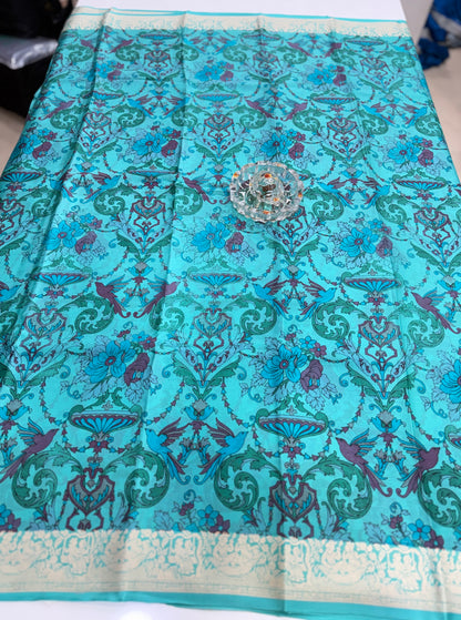 Pure Crepe Mysore Silk Saree for Women – Kalamkari Print with Kathan Border, 75 Gram, Silk Mark Certified