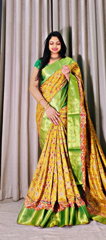 Spanish Ikkat Cotton Saree with Pochampalli Print and Nylon Zari Border for Women