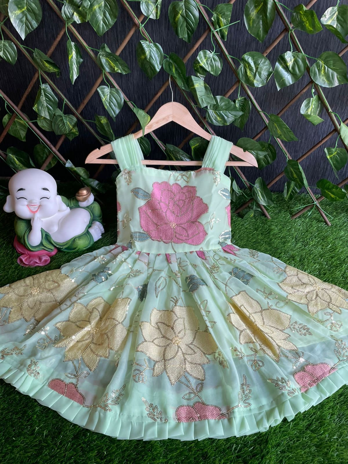 Girls Georgette Floral Embroidered Frock with Sequin Work and Frilled Hemline