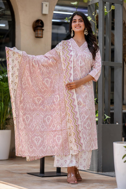 Sleeveless Cotton Kurta Pant Dupatta Set with Kota Doria Dupatta for Women