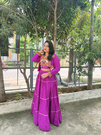 Rayon Lehenga Choli with Embroidered Gamthi Work Koti and Cowrie Lace – Navratri and Festive Wear