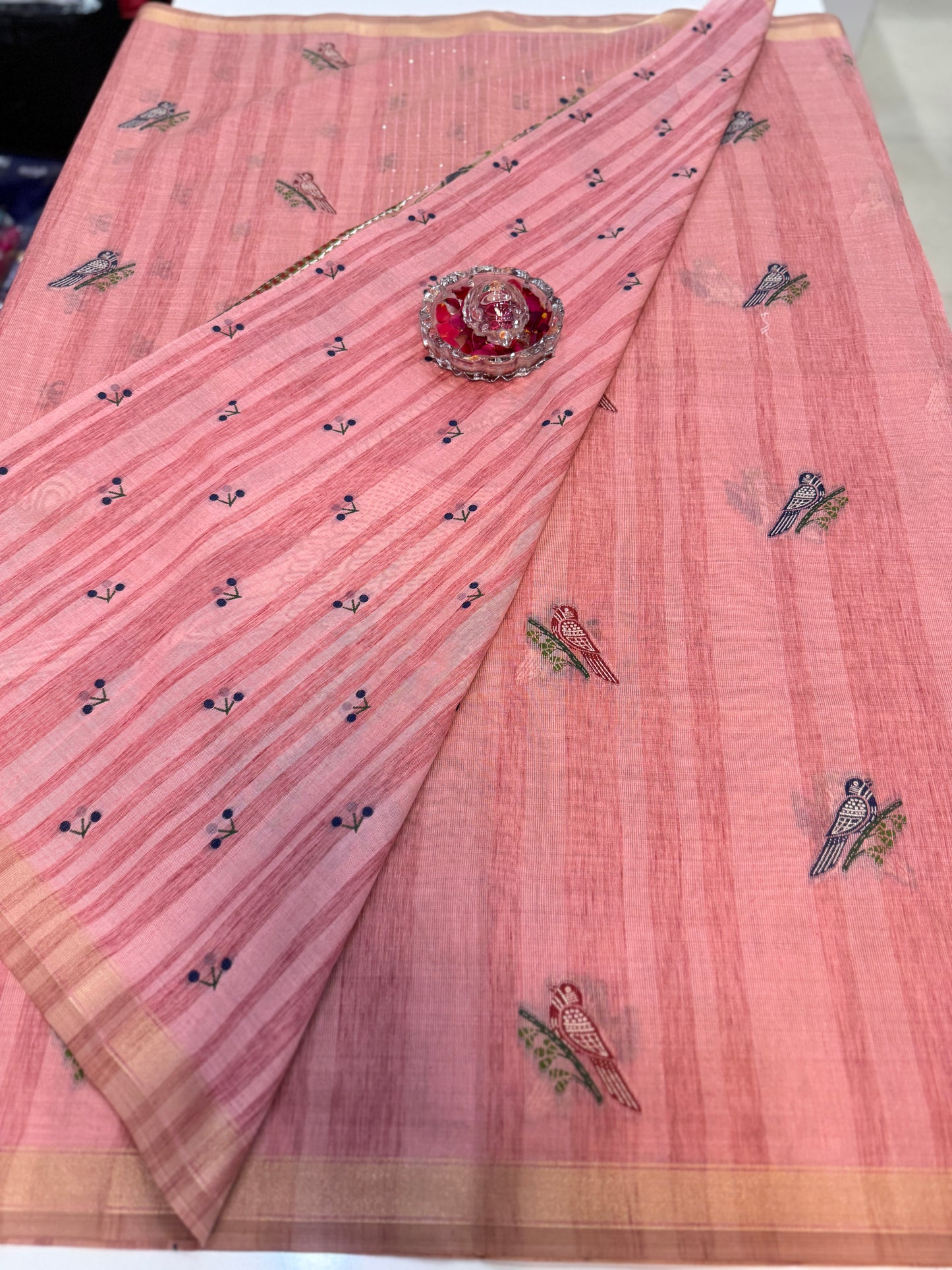 Ghicha cotton saree with bird motif pallu and tassel border, printed cotton saree for women