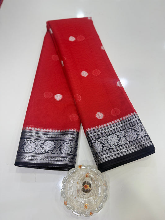 Banarasi semi georgette silk saree with silver zari buti design, contrast pallu and woven border for women