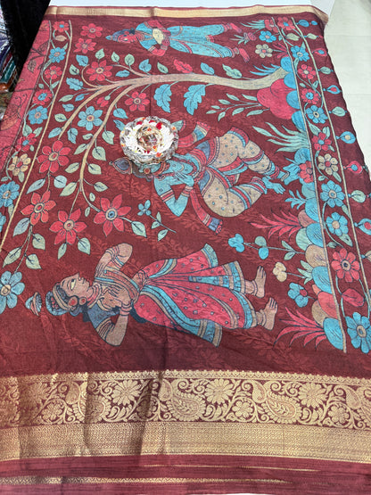 Silk blend printed saree with zari border and digital pallu print, 6.3m with running blouse, 6 color options