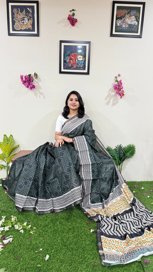 Soft Chanderi Silk Saree with Gold Zari Border and Digital Print – Traditional Wear Saree for Women