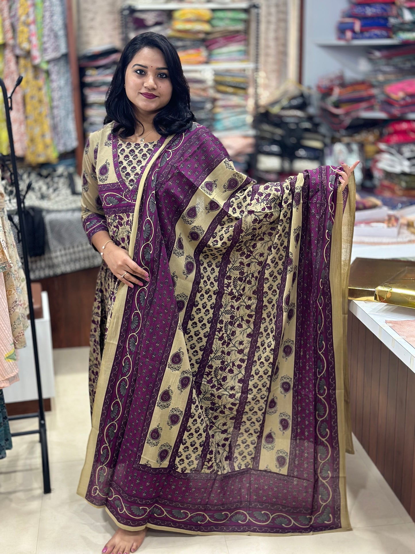 Women’s Anarkali Cotton Suit Set with Gota Work, Straight Pants and Full-Length Dupatta – Purple and Gold