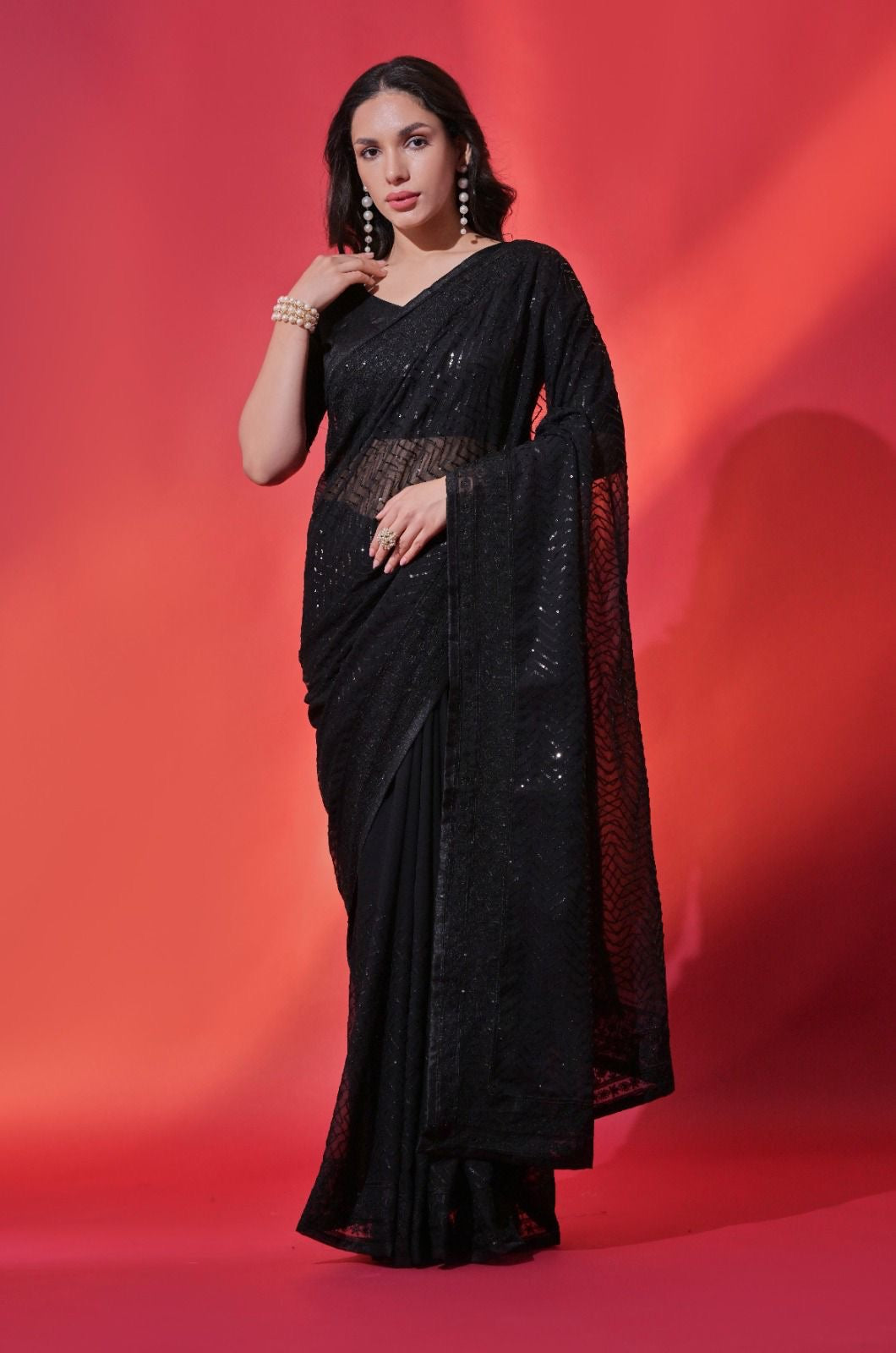 Graceful Soft Georgette Saree with Sequins Embroidery and Piping Lace Border