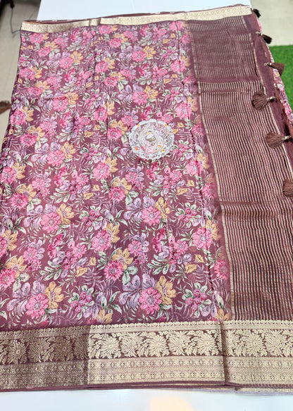 Printed H.O. Silk Saree with Floral and Paisley Design and Zari Border – Premium Festive Saree for Women