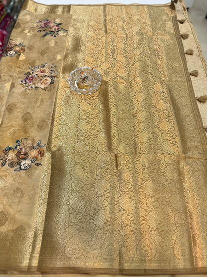 Bamboo Silk Floral Printed Saree with Rich Decorative Pallu, All Over Rich Butti Weaving