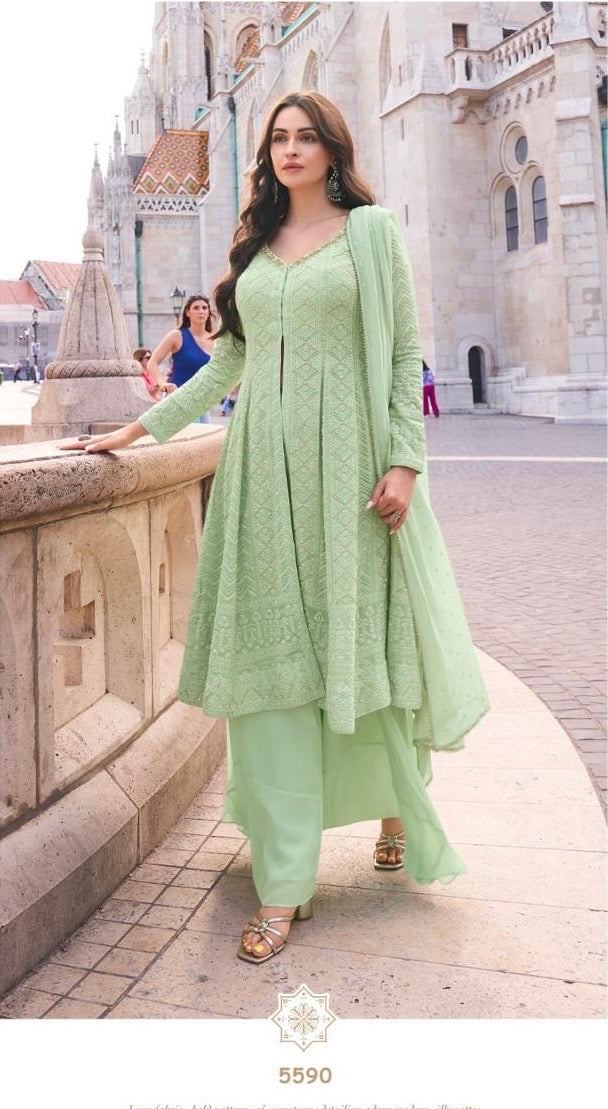 Real Georgette 3-Piece Set with Embroidered Top, Palazzo, and Dupatta – Free Size Stitched Ethnic Wear