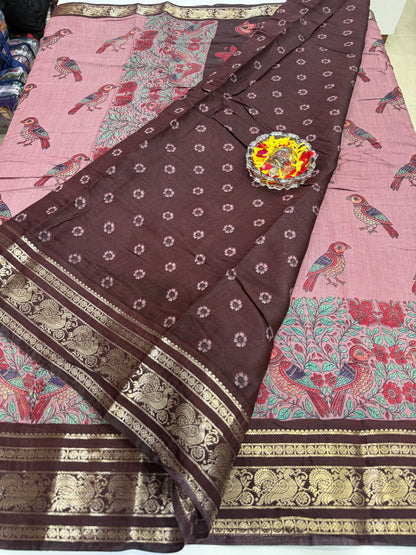Venkatagiri style silk-blend printed saree with bird motifs and zari-style border, 6.3m women’s festive saree
