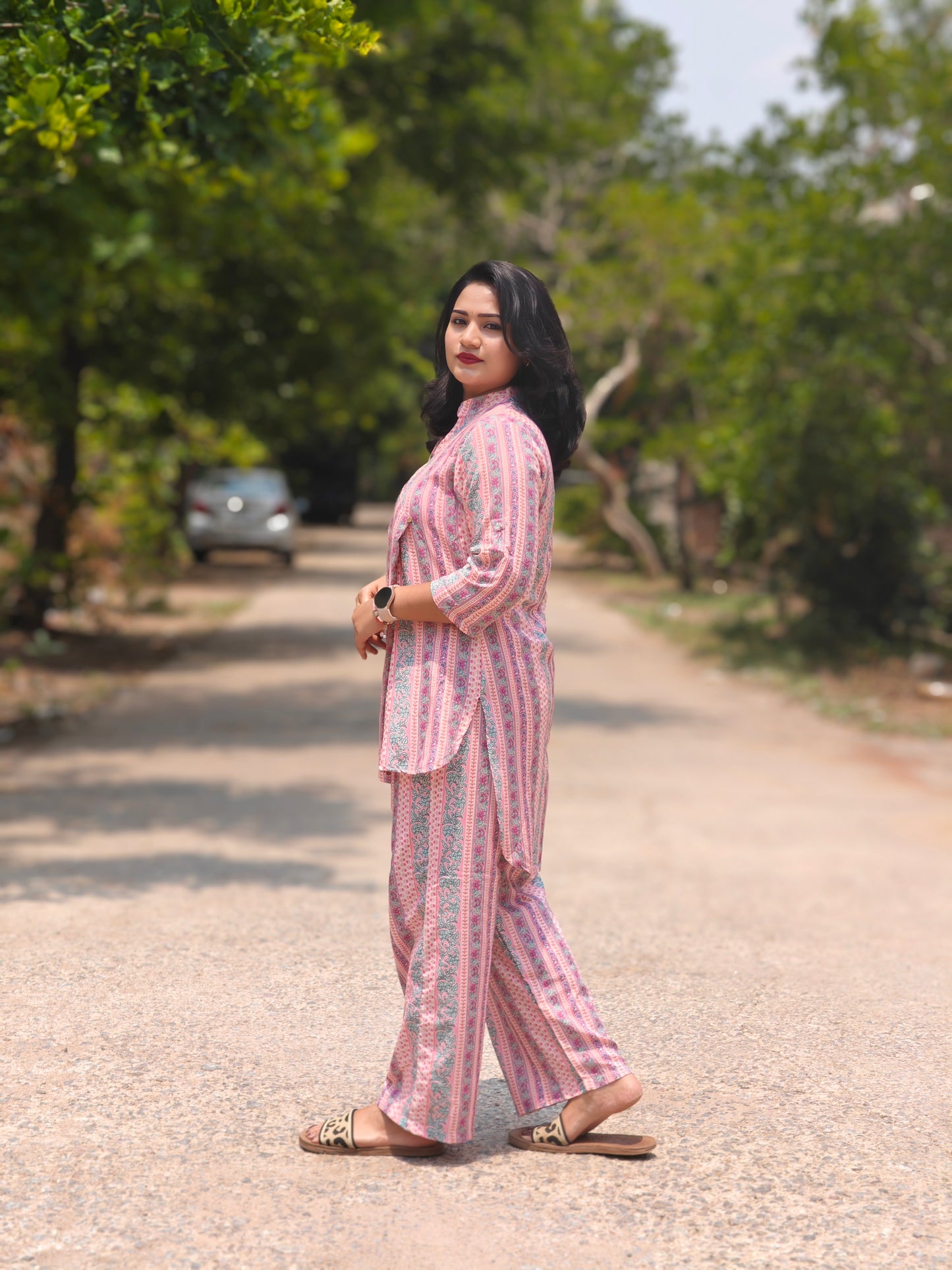 Pink Multicolor Printed Loungewear Co-Ord Set for Women – Relaxed Fit Top with Palazzo