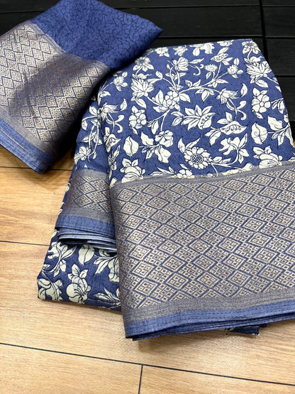 Women’s Printed Binni Crepe Silk Saree with Weaving Viscose Border and Matching Blouse