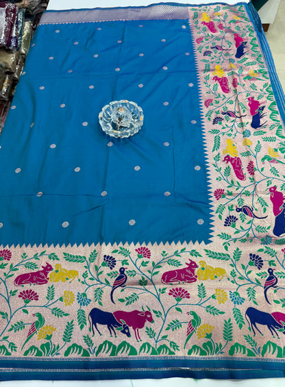 Paithani printed soft silk saree with zari-style border and contrast blouse for women