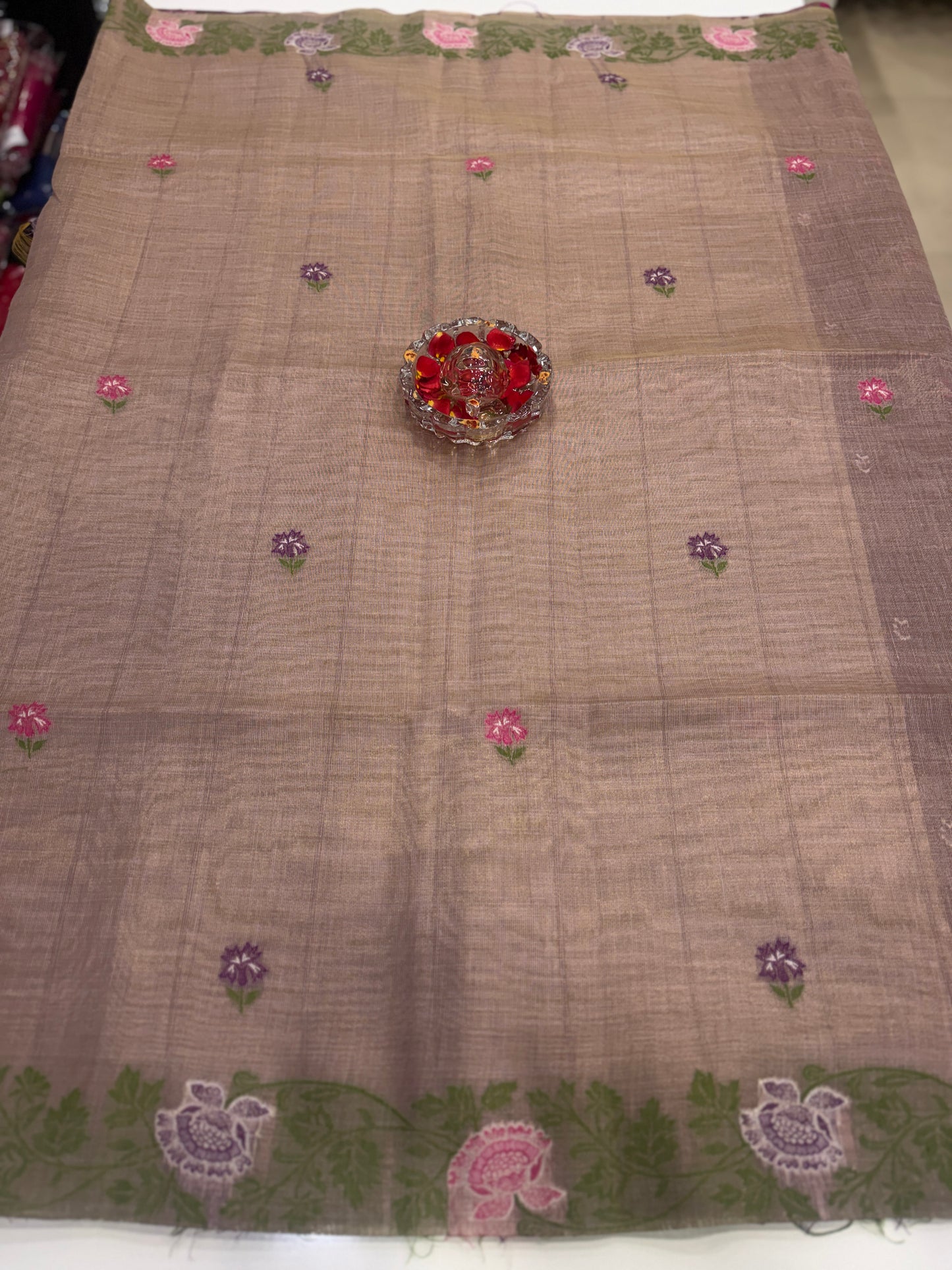 Tissue chanderi saree with floral border and tassel pallu, pastel printed saree for women