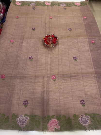 Tissue chanderi saree with floral border and tassel pallu, pastel printed saree for women