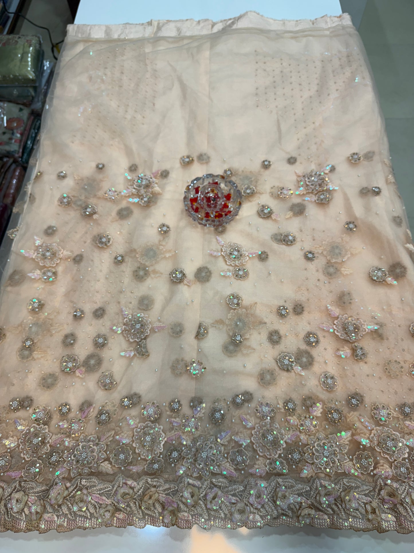 Champagne Gold Sequin Embroidered Saree for Women – Fancy Designer Fabric with 3D Floral and Crystal Work