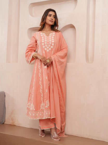 Chikankari Cotton Kurta Pant Dupatta Set with Lace Detailing for Women – Peach Tone