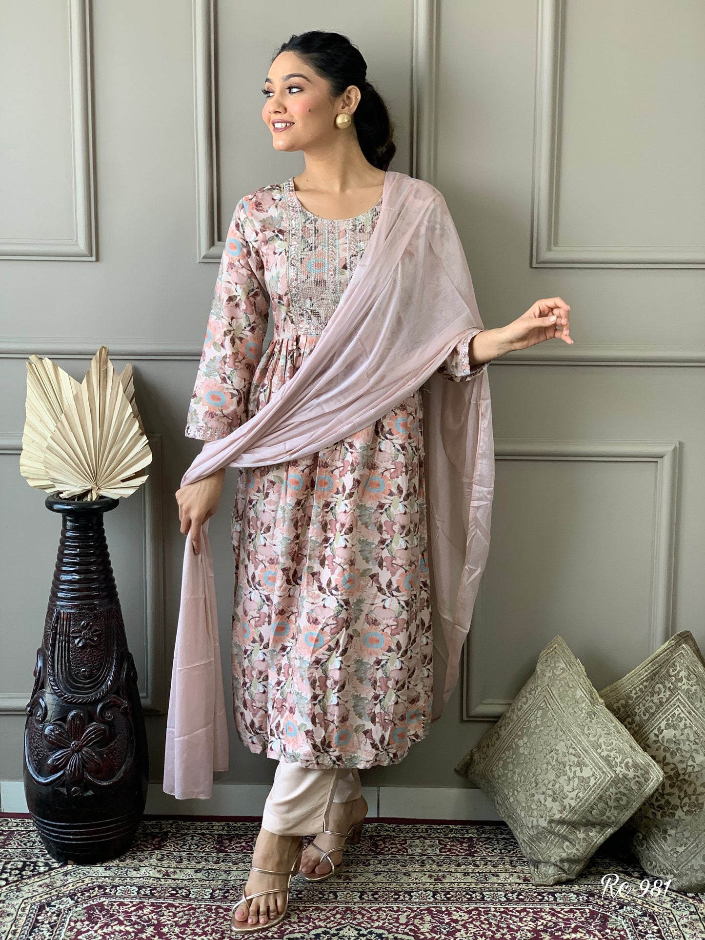 Pure Cotton Naira Cut Kurti Pant Set with Embroidery and Nazneen Dupatta for Women