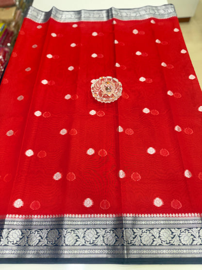 Banarasi semi georgette silk saree with silver zari buti design, contrast pallu and woven border for women