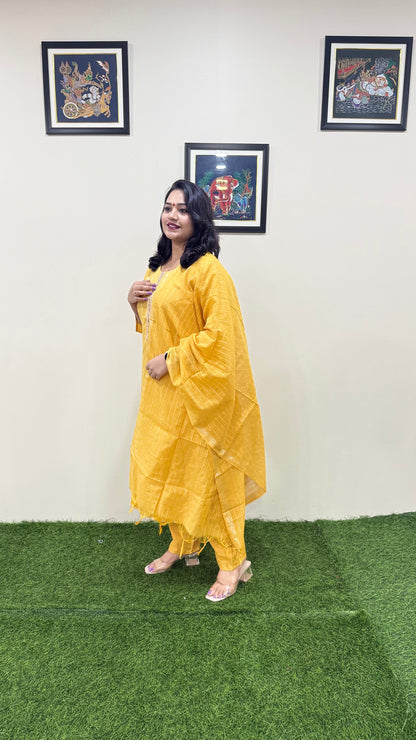 Cotton Handloom Straight Cut Kurta Pant Dupatta Set with Embroidery – Plus Sizes XL to 3XL