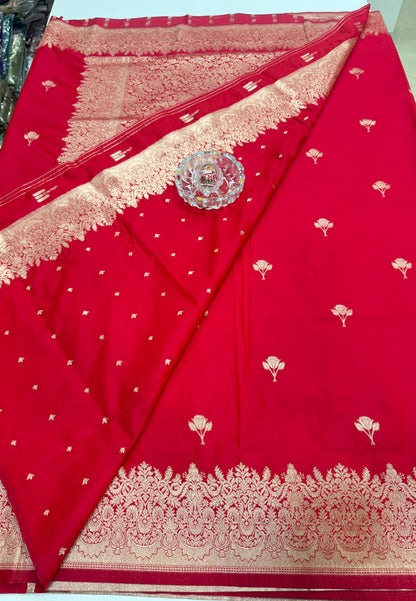 Soft silk saree with woven floral border and contrast brocade blouse piece