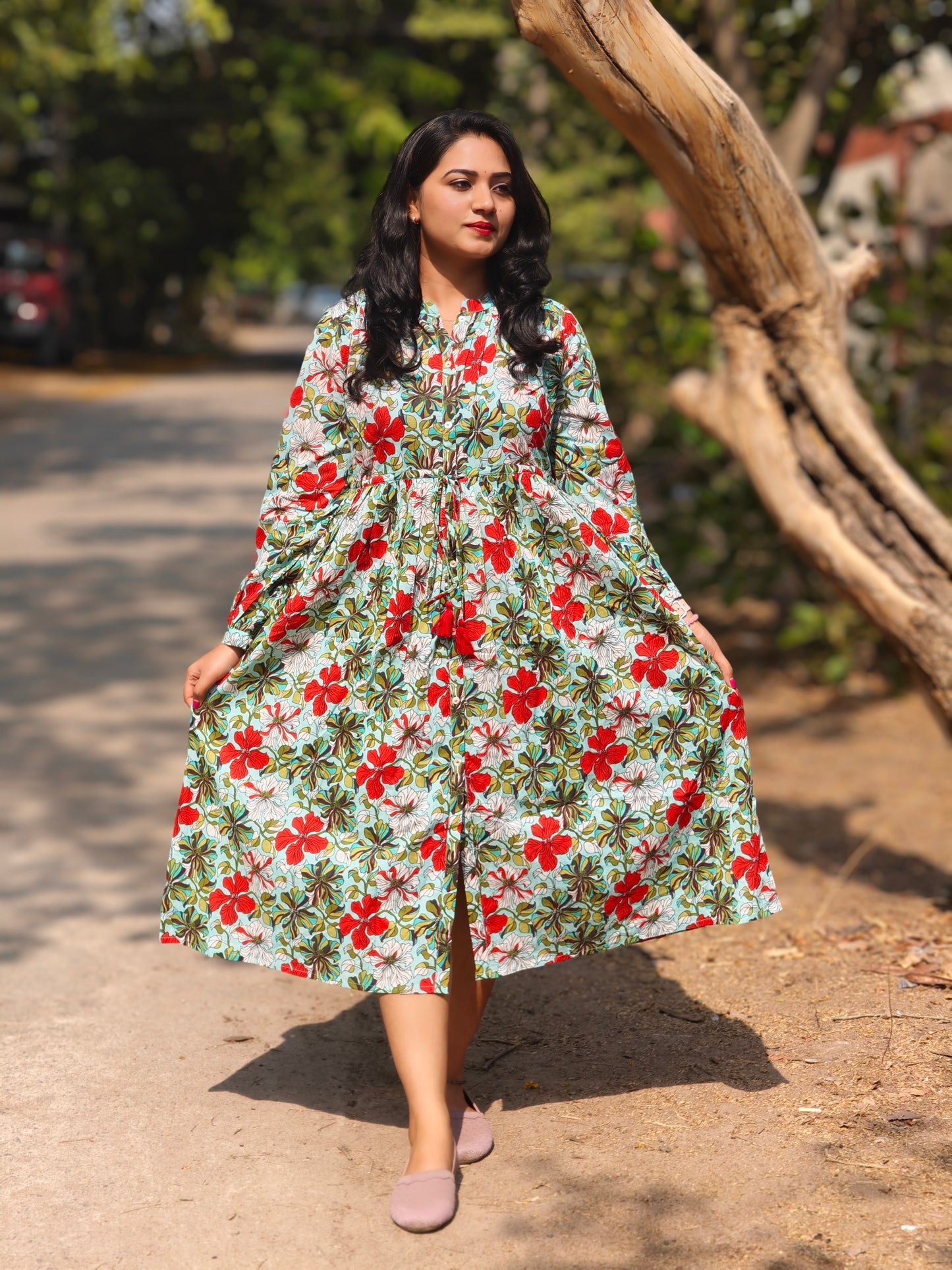 Blue Cotton Floral Gathered Dress for Women – Sizes L to 3XL