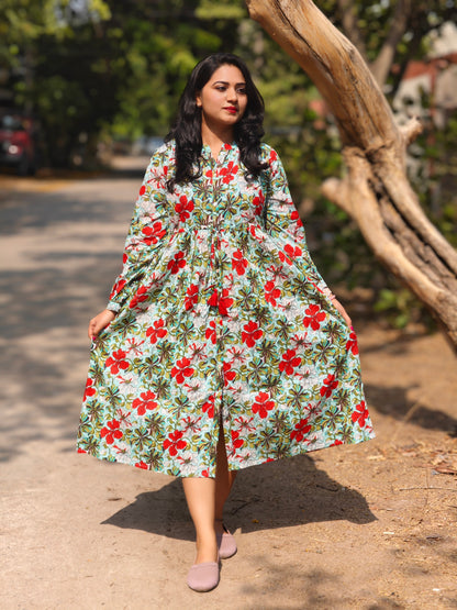 Blue Cotton Floral Gathered Dress for Women – Sizes L to 3XL