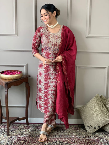 Muslin Embroidered Kurti Pant Set with Chanderi Dupatta for Women – Festive Wear