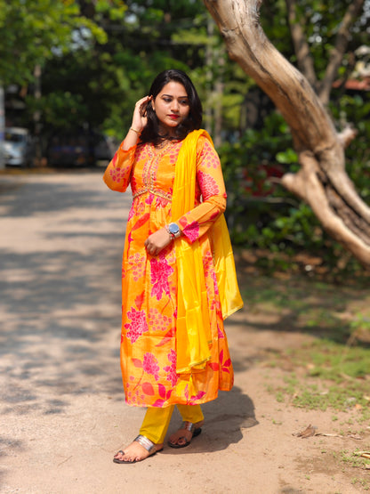 Yellow Chinnon Alia Cut Gown with Dori, Pearl, and Daliya Work and Dupatta for Women