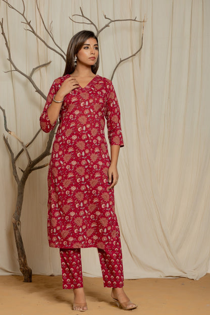 Maroon Printed Cotton SKD Set with Sequin & Thread Neck Embroidery – Plus Size – Sizes 46 to 52