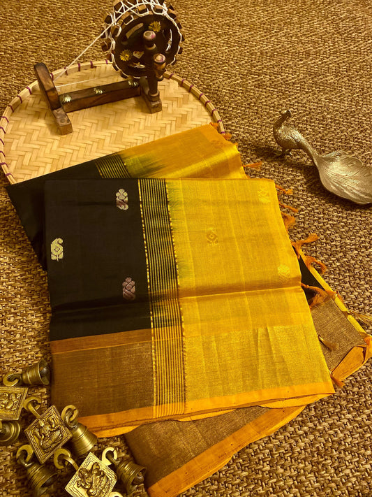Venkatgiri Pattu Cotton Saree with Handwoven Buta Work, Zari Kaddi Border and Contrast Pallu