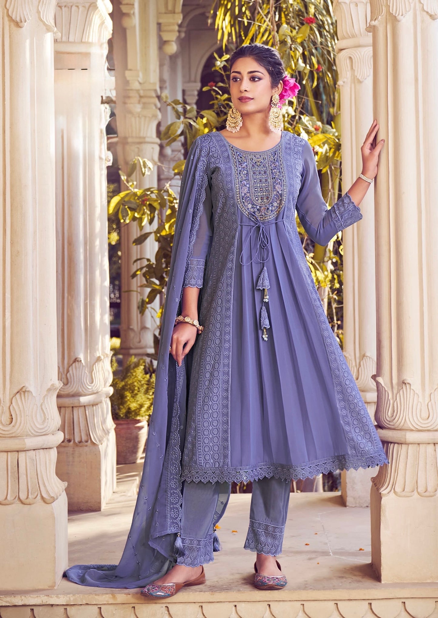 Women’s Georgette Embroidered Suit Set with Mirror Work Neck and Lace Border Pant – L to 3XL