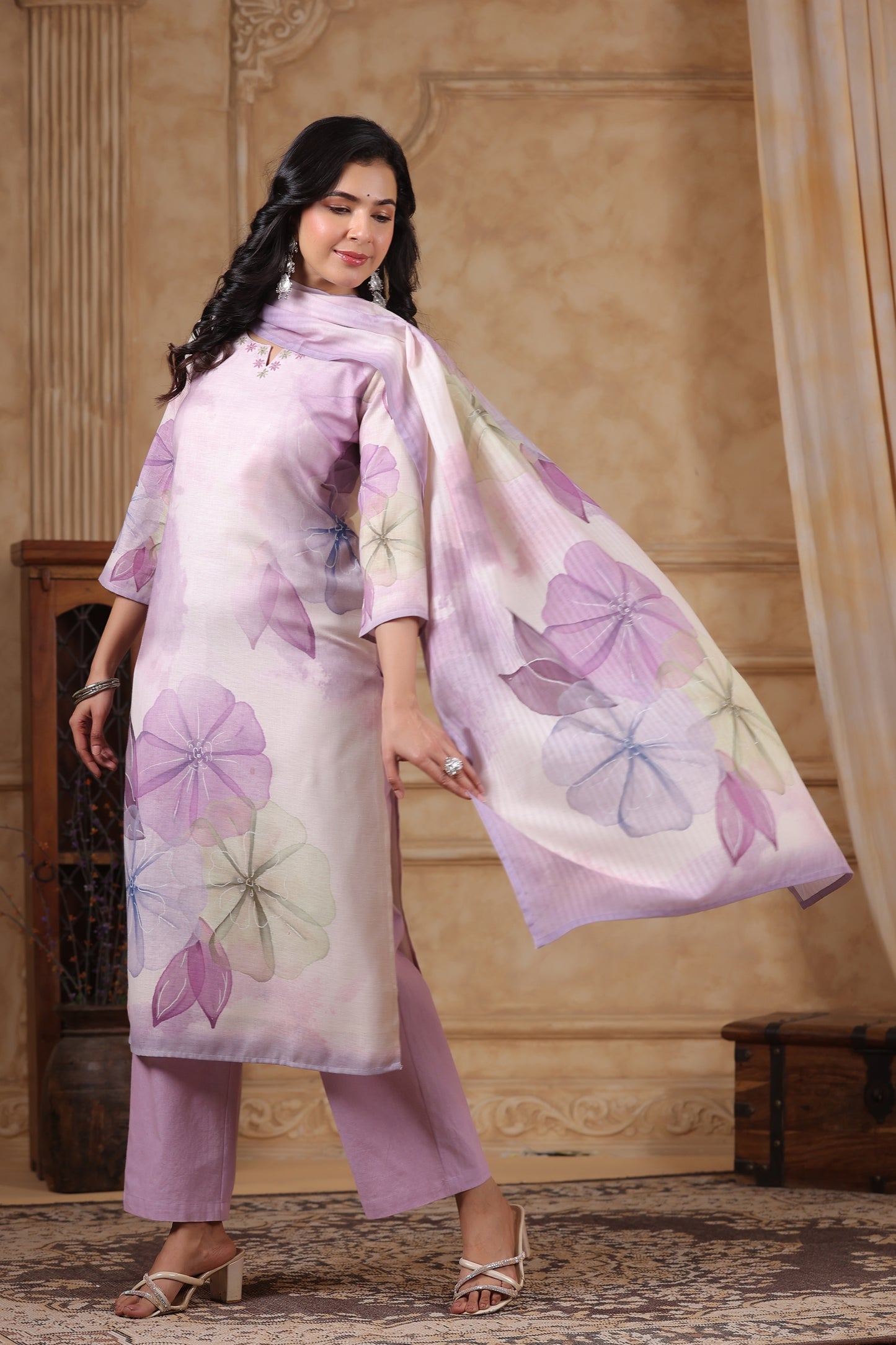 Women’s cotton flex kurta pant dupatta set with mirror and hand-touch thread work – sizes 38 to 44