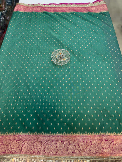 Women’s Banarasi semi-kaddi katan soft silk saree with zari booti weaving, lace border and rich pallu