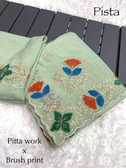 Soft Crunchy Fabric Saree with Pitta Work, Brush Print and Arco Border